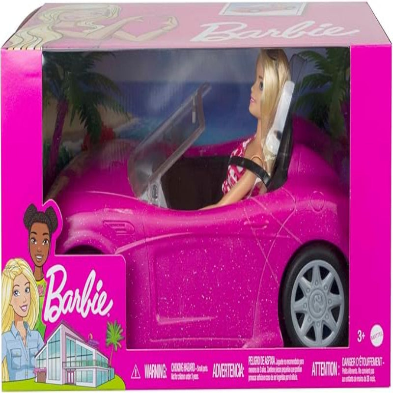 Barbie Doll & Car Playset, Sparkly Pink 2-Seater Toy Convertible with Glam