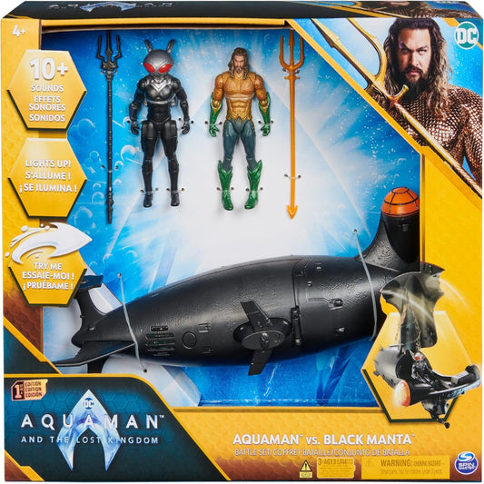 DC Comics, Aquaman vs Black Manta Battle Set, 4-inch Action Figures, Manta Sub with Lights & Sounds, Collectible Superhero Kids Toys for Boys & Girls