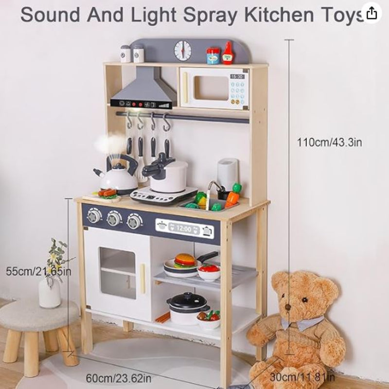 BESTATMTOY Kitchen for Kids, Wooden Kids Play Kitchen Playset Chef Pretend Play Set for Toddlers with Real Lights & Sounds, Toys Kitchen with Toy Food