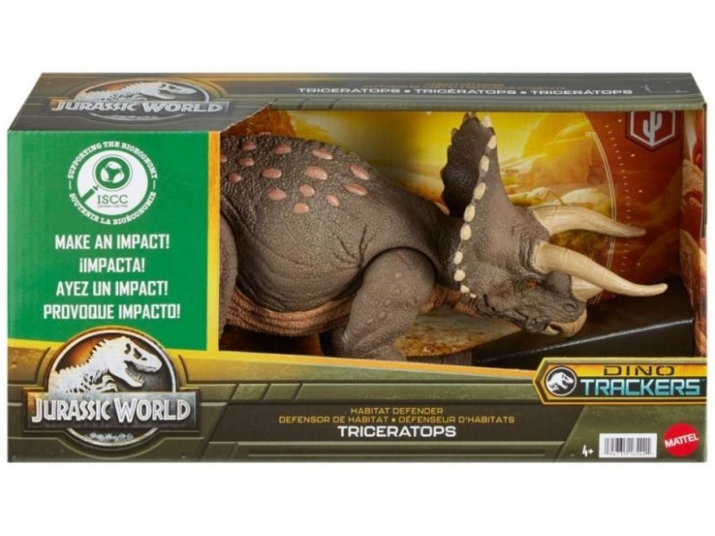 Mattel Jurassic World Dinosaur Toy, Habitat Defender Triceratops Action Figure Made from 60 Per Cent ISCC Certified Plastic
