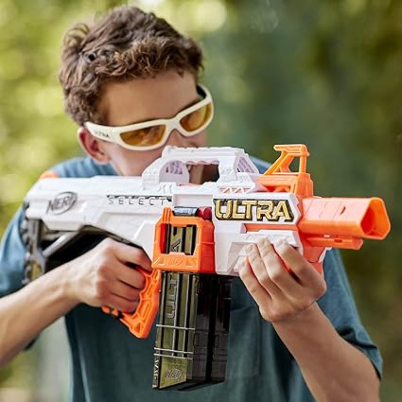 NERF Ultra Select Fully Motorized Blaster, Fire for Distance or Accuracy, Includes Clips and Darts, Outdoor Games and Toys, Automatic Electric Full Auto Toy Foam Blasters