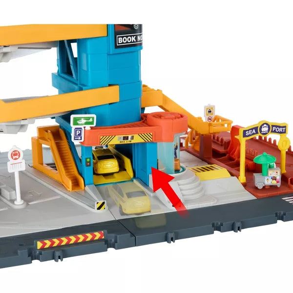 Matchbox Toy Vehicles & Playset, Transportation Center with 5 Levels, Kid- & Car-Activated Features, 1:64 Scale Taxi, Boat & Helicopter & Food Vendor