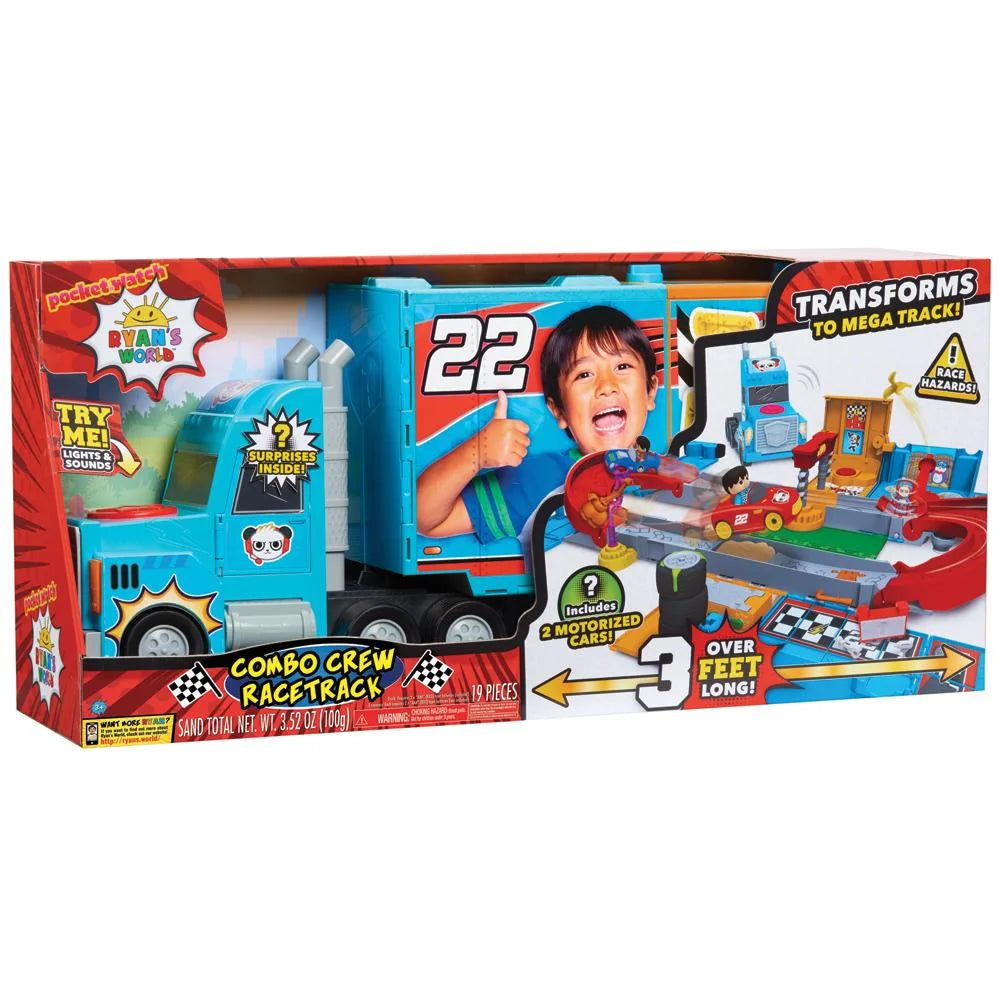 Ryan’s World Racetrack Combo Crew Truck to Megatrack 2 Motorized Cars 3 FT Long