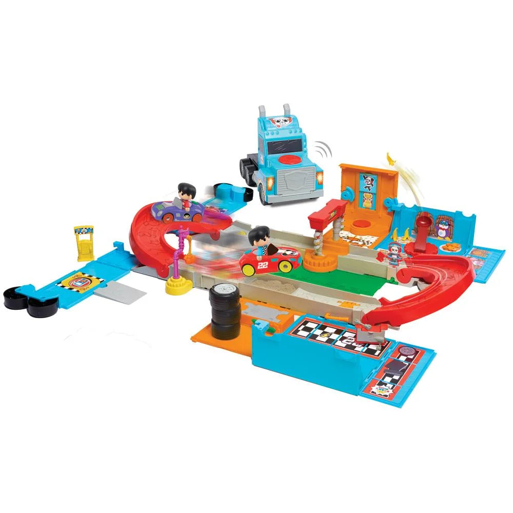 Ryan’s World Racetrack Combo Crew Truck to Megatrack 2 Motorized Cars 3 FT Long